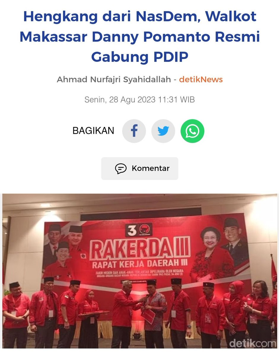 Akhirnya ORANG BAIK akan mendukung Ganjar Pranowo pada waktunya

Walikota Makassar, Danny Pomanto resmi gabung PDI Perjuangan dan keluar dari NASDEM

Danny Pomanto adl salah satu Walikota BERPRESTASI bahkan sudah beberapa meraih penghargaan tingkat DUNIA

#TerusMajuBersamaGanjar