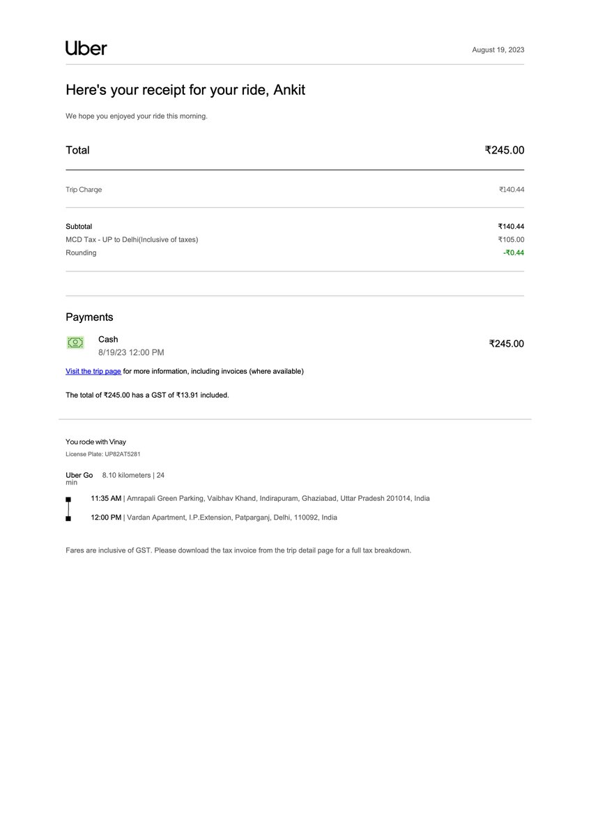 rochak's tweet photo. @Uber @Uber_Support @Uber_India Very distressing incident (Uber Vehicle UP 82 AT 5281 - Driver Vinay). Attached receipt.  I accidentally left my suitcase in the car and the driver is not returning it. Uber support has been contacted for over 7 days with no resolution. Please help https://t.co/IFOTXi9RpD