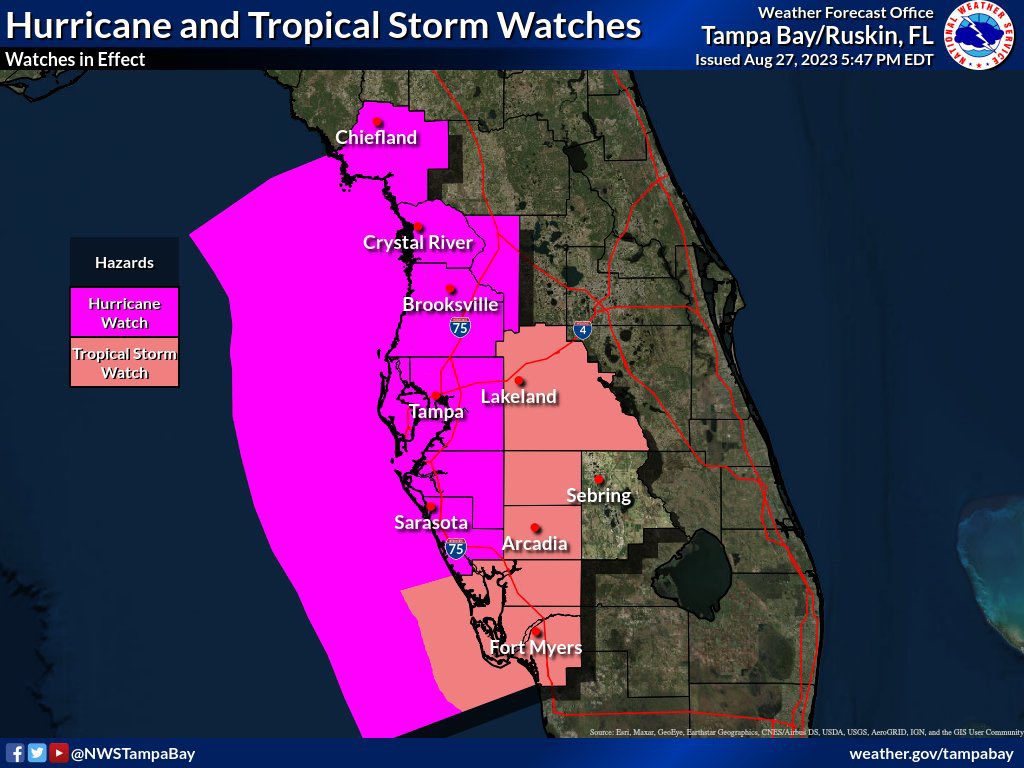 ⚠️Hurricane and Tropical Storm Watches in Effect🌀
#TropicalStorm and #Hurricane conditions are possible mainly Tuesday into Wednesday this week.
The moment to prepare is now! Stay tuned to the forecast! 

#FLwx #Idalia #HurricaneReady
#Florida