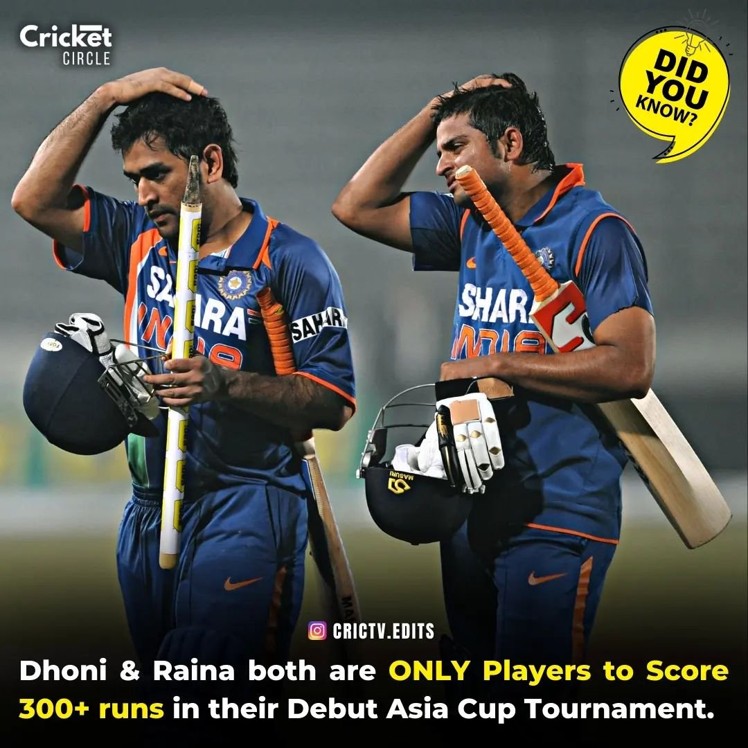 Raina - 372 runs in 2008
Dhoni - 327 runs in 2008

Raina/Dhoni both are ONLY Players to Score 300+ runs in their Debut Asia Cup Tournament!

#SureshRaina #MSDhoni #CricketStats #CricketRecords #AsiaCup2023 #AsiaCup #Cricket #CricTracker #cricketgram #cricketforlife #Cricketfacts