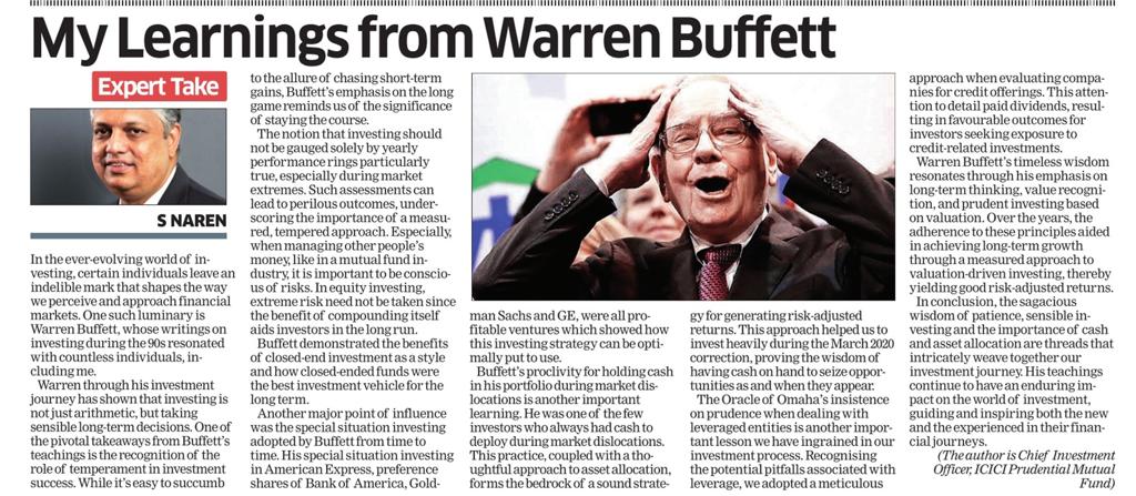 darshinib's tweet photo. In the world of #investing, #WarrenBuffet left an indelible mark on countless #investment professionals including S Naren. S Naren, ED &amp; CIO @ICICIPruMF writes on his learning’s from Warren Buffet
@NishanthV_ET @EconomicTimes @ambakhshi https://t.co/QlPOThU0uQ