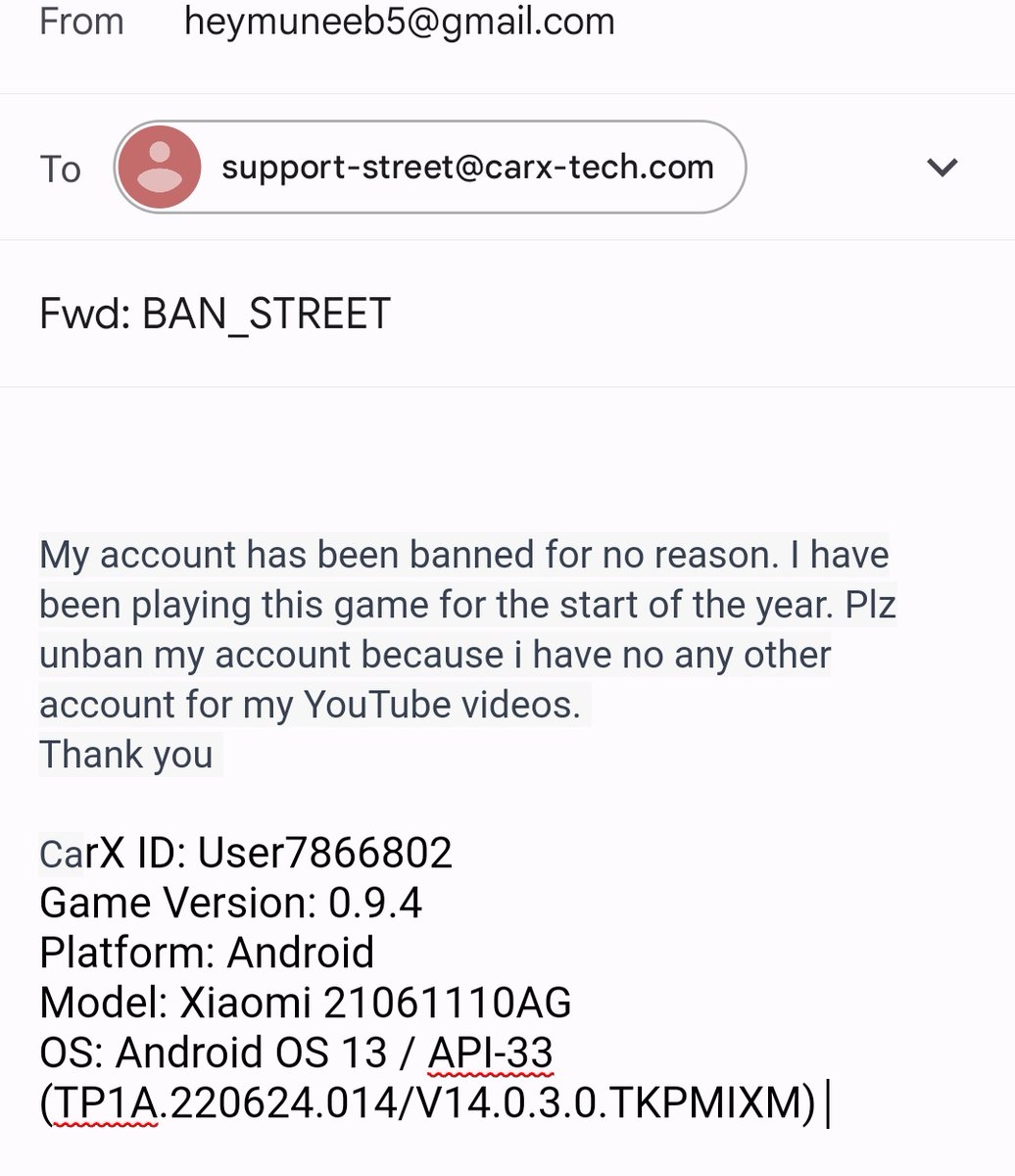ANoobPlayer3's tweet photo. @carx_technology 
Hey what's up
Please focus on that game they banning everyone. I am in depression for this ban. Hope you will reply and see the mail. https://t.co/utvcEfV8cY