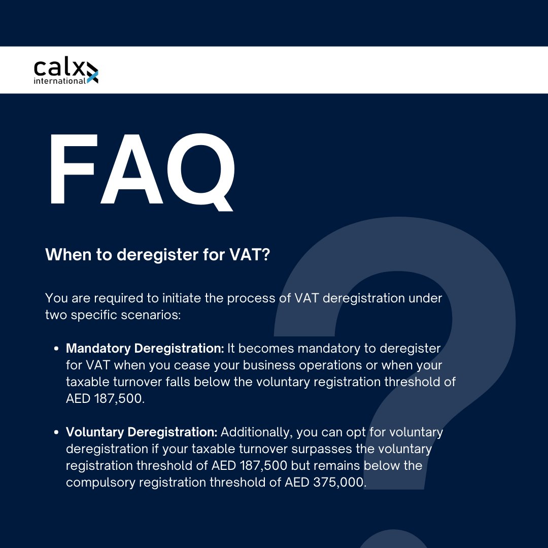 CalxAdvisors's tweet photo. Navigating VAT regulations made easy: 📜 Know when to say goodbye to VAT with seamless deregistration. 

#VATDeregistration #VAT #BusinessCompliance #fta #uae https://t.co/dFYzbokuhp