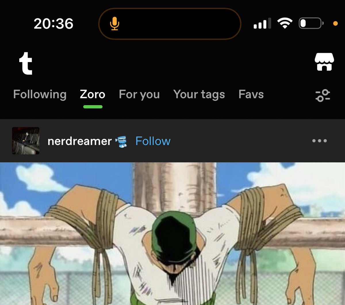 tumblr play too fuckin much bro why tf the app got a zoro one piece tab rn