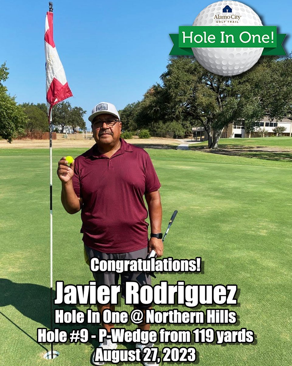 AlamoCityGolf's tweet photo. π¨ACE ALERT!π¨Today at Northern Hills, Javier Rodriquez made his 1st career ace on the par three 9th hole! Congratulations, and welcome to the Hole In One Club!
#GolfNorthernHills #AceAlert #HoleInOneClub #12500To1Odds #AwesomeShot #NoPutterNeeded https://t.co/eVLiiUfdHd