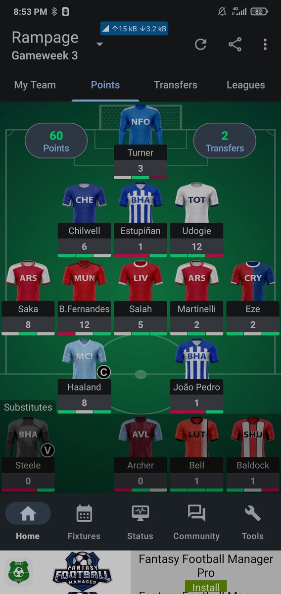 F3lix_FPL's tweet photo. Terminada la #GW3 con 60 pts. Doble cambios shaw x chilwell, Gabriel x Udogie el resultado fue flecha verde 🔥🔥. Ya pensando en la #GW4 https://t.co/GmbZZkOTjY
