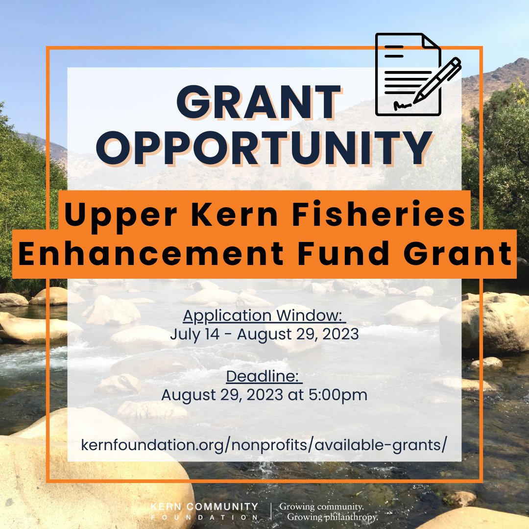 kernfoundation's tweet image. GRANT OPPORTUNITY! The Fall 2023 cycle of the Upper Kern Fisheries is open! The application is due August 29, 2023. For more information visit kernfoundation.org/nonprofits/ava… #grantopportunity #UKF #upperkern #fisheries