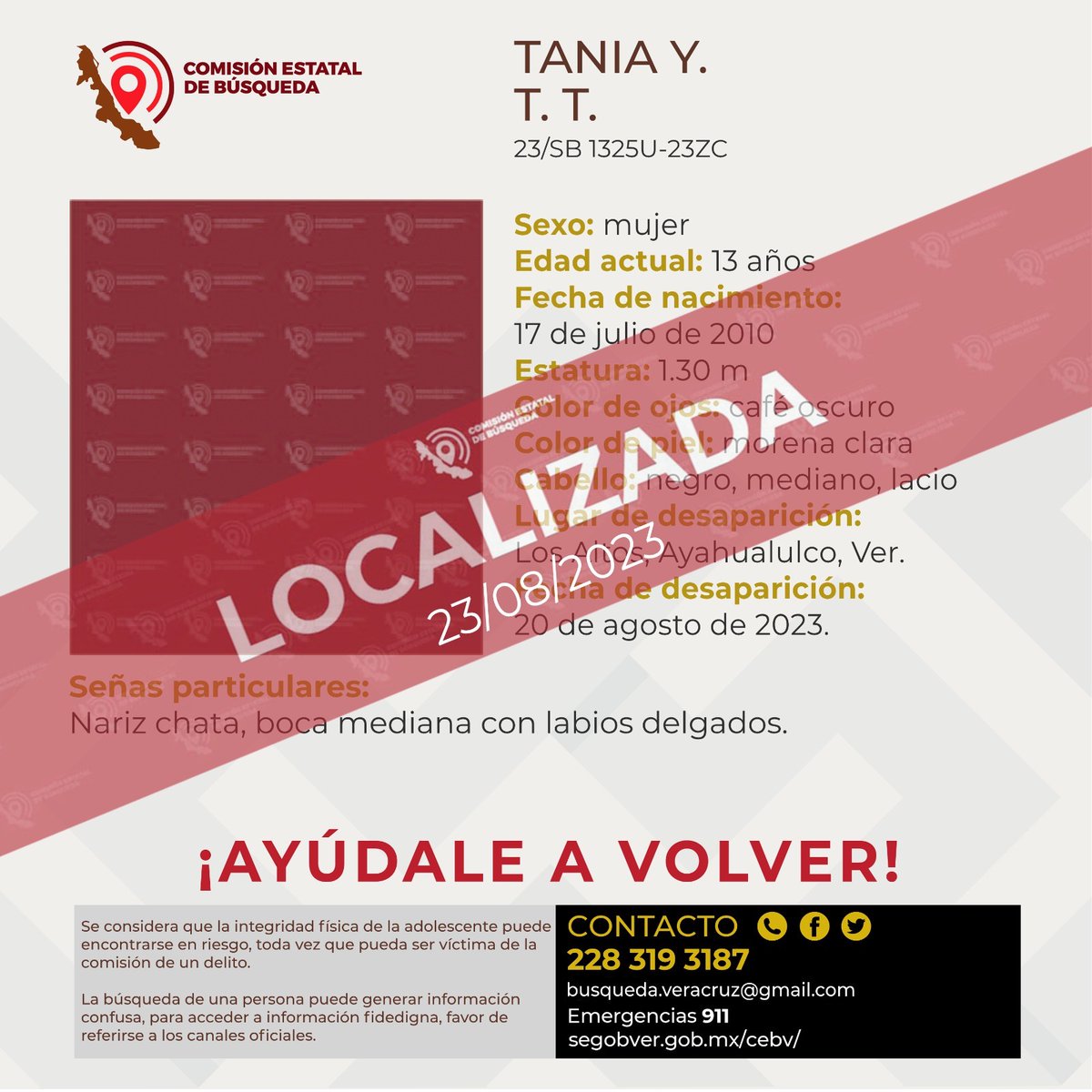 cebver's tweet image. Agradecemos su colaboración en la localización de la adolescente Tania Y. T. T.
#LosAltos #Ayahualco #Veracruz