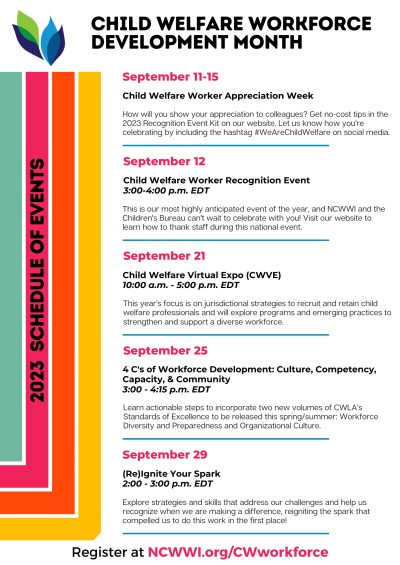 nmchildfirst's tweet image. Looking ahead to September, which is Child Welfare Workforce Development Month. The theme this month is &quot;Take a Moment&quot;, so be sure to take a moment to mark these important events on your calendar.  #CWworkforce