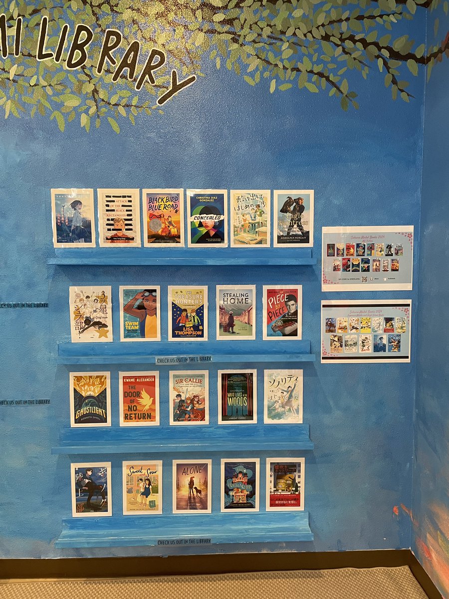 Middle School and High School Sakura displays are up and ready for books. ES coming soon! #FISreads #intlchat @FISSharks @sakuramedal