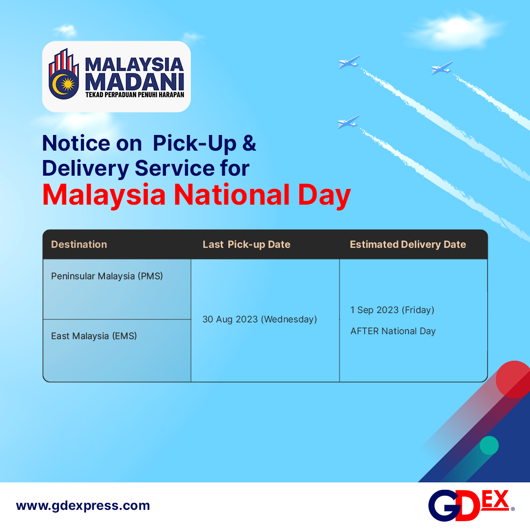 GDEX_Official's tweet photo. In view of the upcoming Malaysia National Day public holiday, kindly be informed that our operations will be temporarily suspended on 31 August 2023. 

All operations will resume as usual by 1 September 2023.

Selamat Hari Kebangsaan and Happy National Day.
#GDEX #Merdeka https://t.co/2AcDfg5h3Z