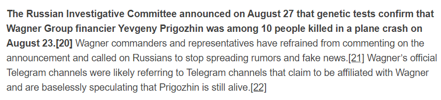 TheStudyofWar's tweet photo. #Wagner Update🧵

1/ The Russian Investigative Committee announced on August 27 that genetic tests confirm that #WagnerGroup financier Yevgeny #Prigozhin was among 10 people killed in a plane crash on August 23. https://t.co/0nwpvfQbX2 https://t.co/7UaXwXG6if