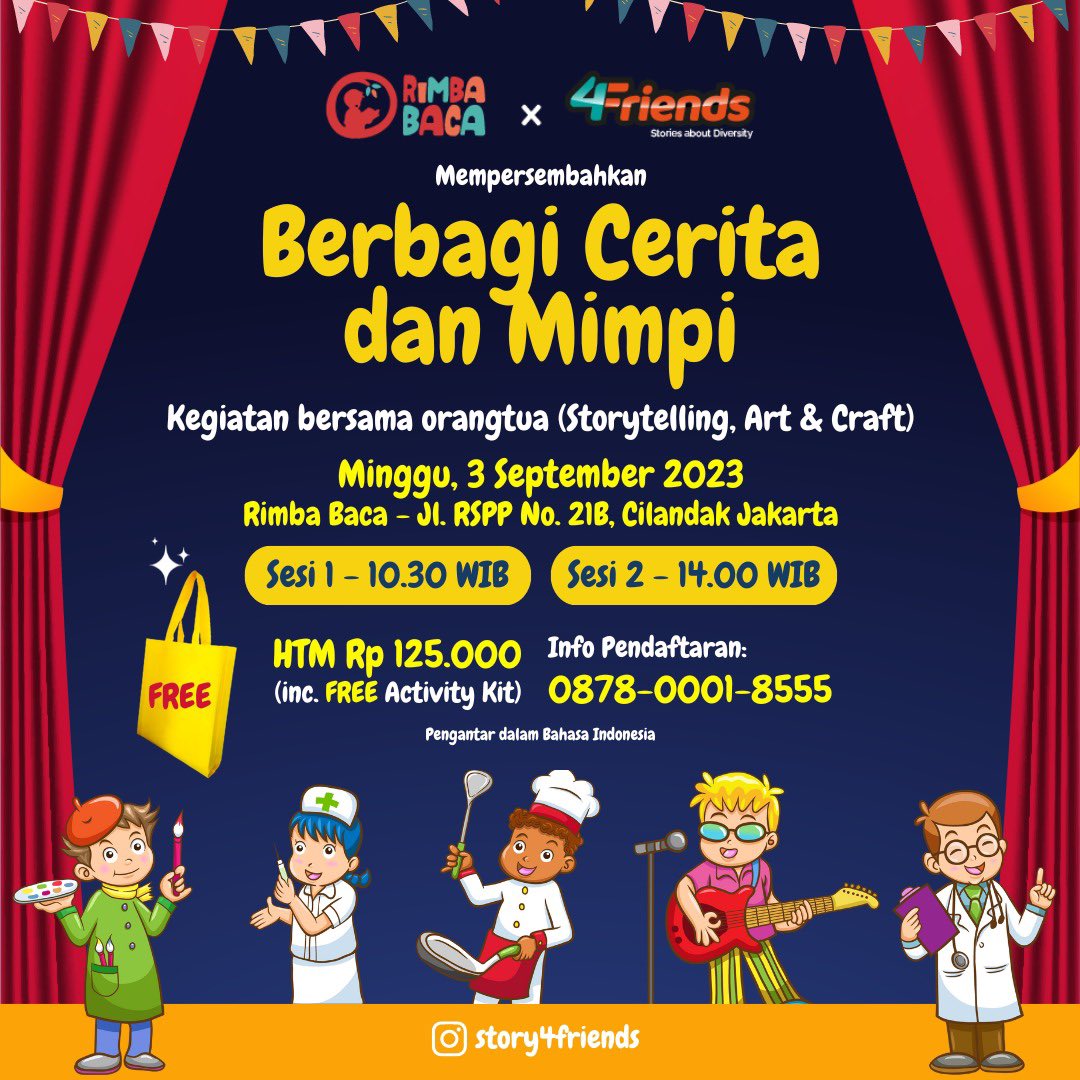 Yuk hari Minggu tanggal 3 september 2023 ini, kita berbagi cerita dan mimpi sambil nonton puppet show di Rimba Baca