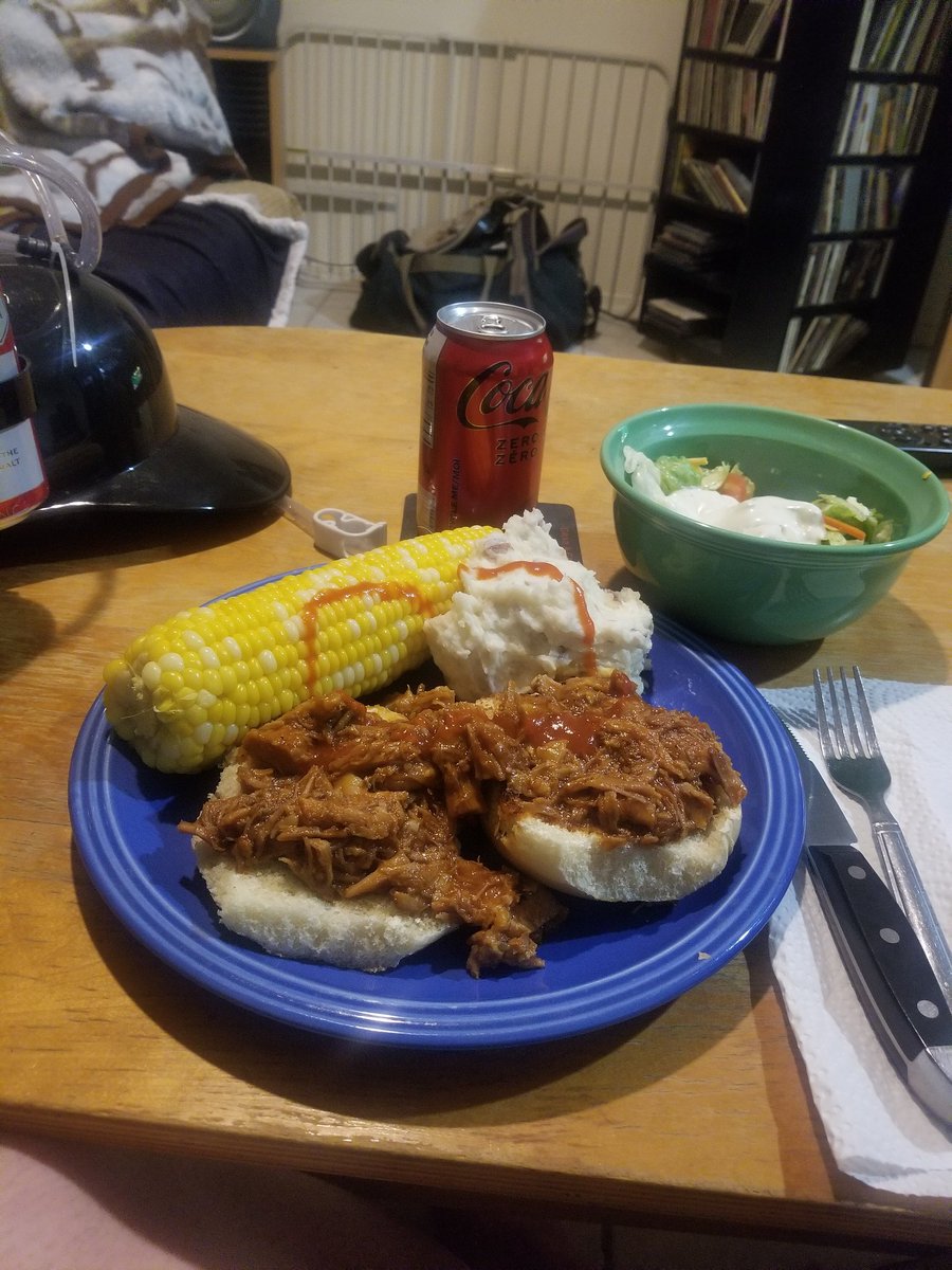 My supper of the day #pulledporksandwich #potatoes #cornonthecob #salad