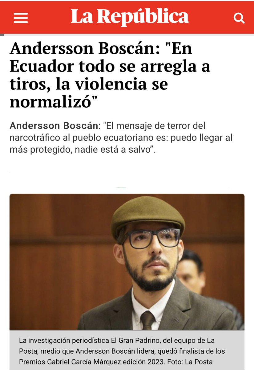 Hoy en <a href="/larepublica_pe/">La República</a> 🇵🇪 
“Estoy fuera de mi país por amenazas de muerte y persecución judicial de parte del gobierno de Guillermo Lasso”. 

Acá la entrevista completa:
larepublica.pe/domingo/2023/0…