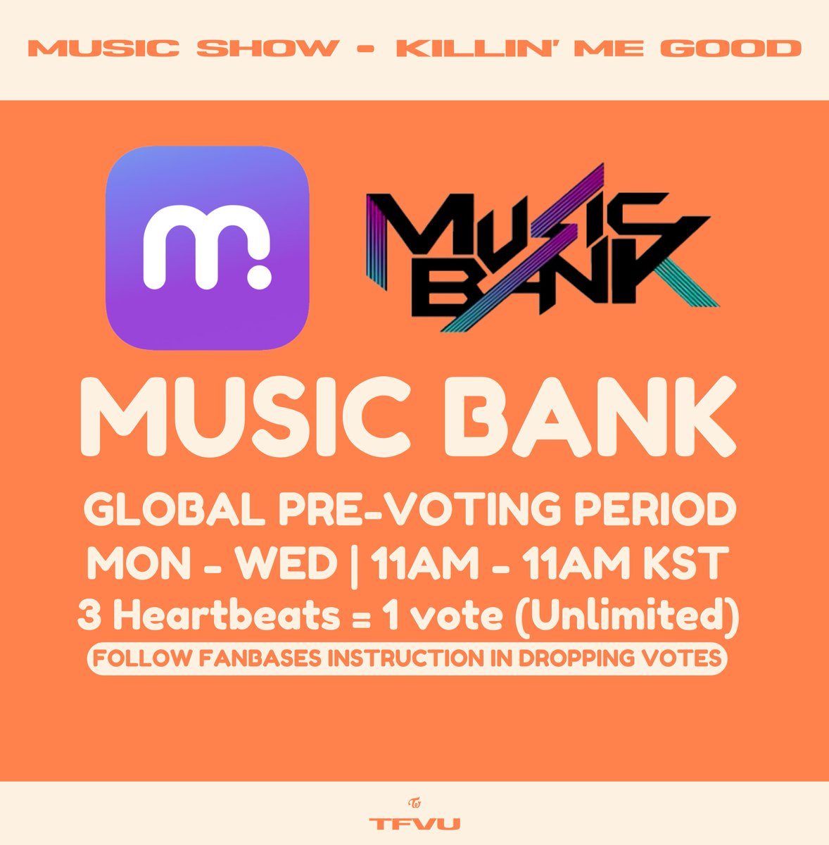 MUSIC BANK | MUBEAT 💜 

MUSIC BANK PREVOTING HAS STARTED!

DROP 30% OF YOUR BEATS + ALL EXPIRING BEATS!

REPLENISH your beats, DON’T panic vote and wait for further voting instructions!

🔗 mubeat.page.link/v3WR

#KillinMeGood #ZONE #JIHYO  <a href="/JYPETWICE/">TWICE</a>
