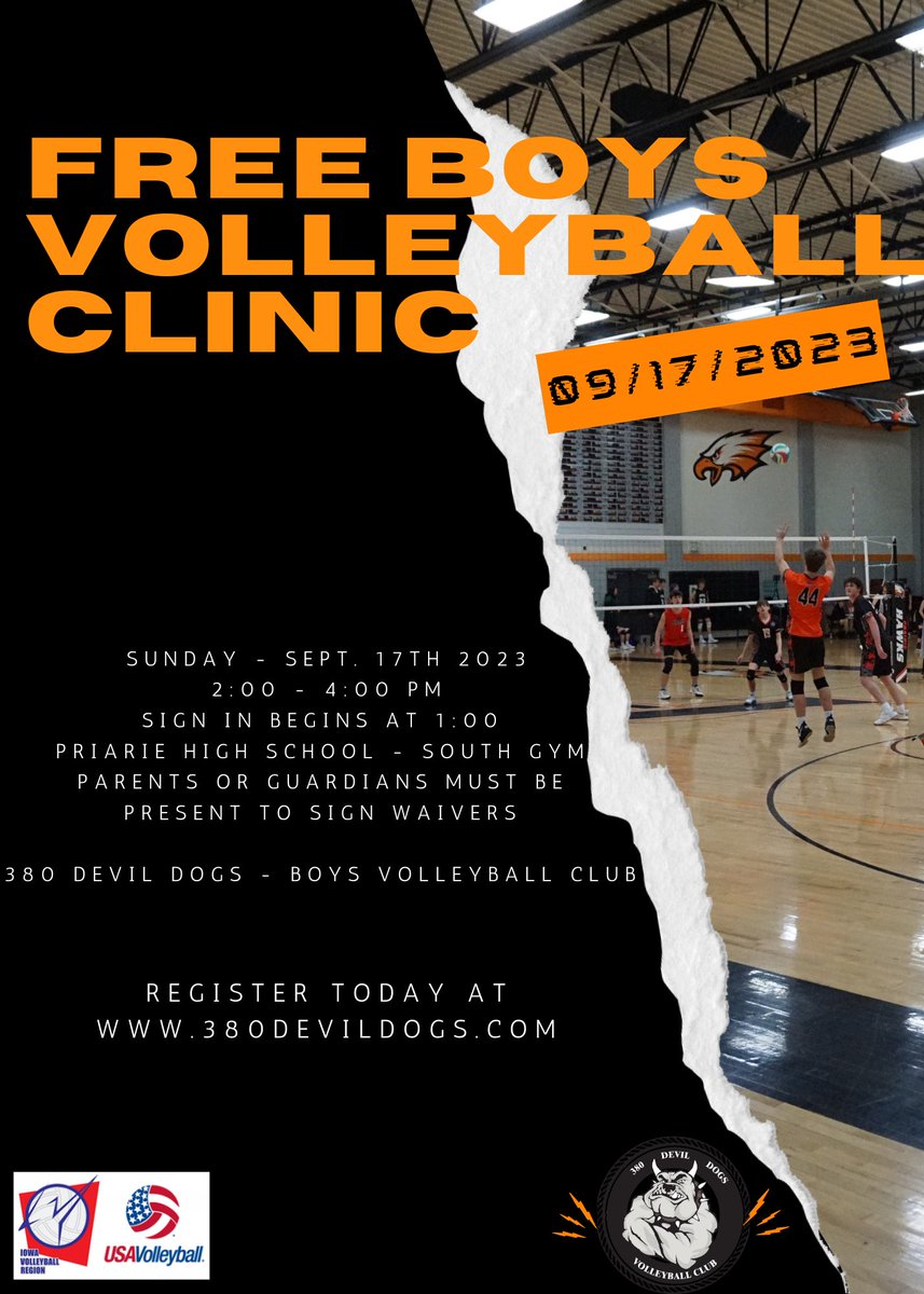 380DevilDogsVB's tweet photo. Boys Volleyball Free Clinic on Sunday, September 17th from 2-4pm!  Boys volleyball is still one of the fastest growing games in the U.S.  Come check out the game and have some fun! https://t.co/UtBwb9dpI9