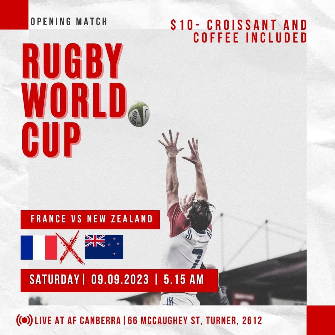 FRANCE VS NEW ZEALAND - RUGBY WORLD CUP 2023 🏈

Oui oui 5.15AM but with coffee and croissant everything feels better, right?

🎟Ticket: $10 (coffee and croissant included) 🥐

#alliancefrançaise #event #canberralife #french #canberralocals #rugbyworldcup #francevsnewzealand