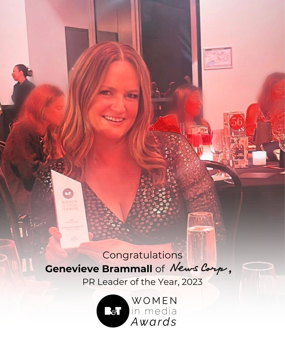 thrivepr's tweet image. We're thrilled to extend a big congratulations to @genbrammall of @newscorpaus, for her remarkable achievement in taking home PR Leader of the Year at the @bandt Women in Media Awards, 2023.

#bandt #Leadership #PRLeader #WomenInMedia