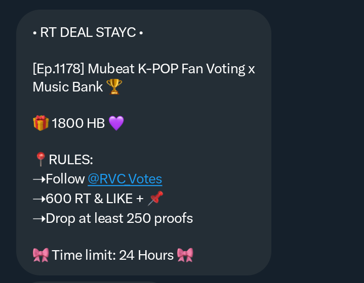 hoeforsumin's tweet image. SWITHS‼️

i got an rt deal from @RVC_Votes for #STAYC on Mubeat K-POP Fan Voting x Music Bank 🏆

🎁 1800 HB 💜

📍RULES:
➝Follow @RVC_Votes
➝600 RT &amp;amp; LIKE + 📌
➝Drop at least 250 proofs

Ends in exactly 24 hours 🎀