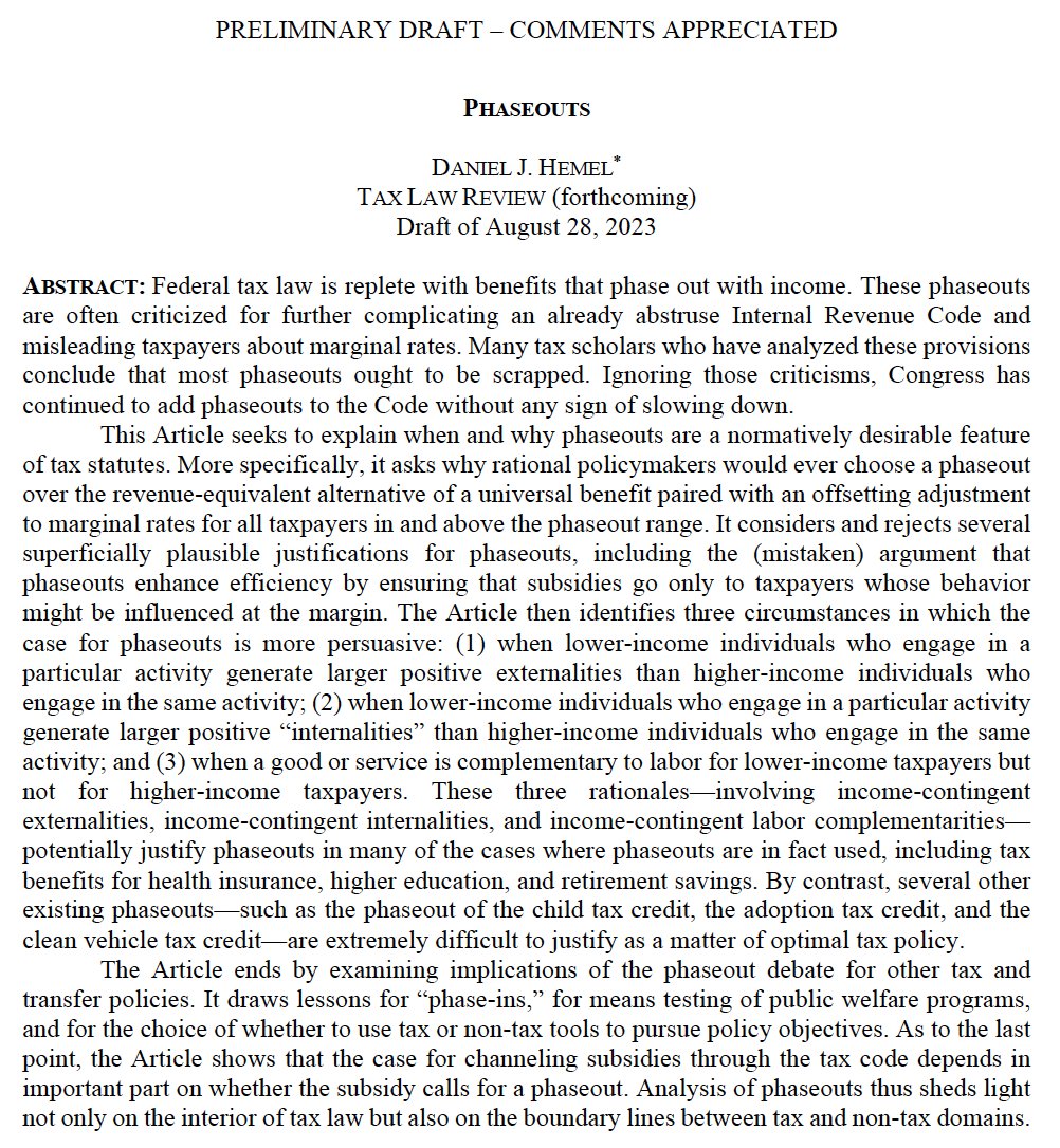 Emerging from a social media hiatus to post a new paper, 'Phaseouts,' forthcoming in Tax Law Review. Abstract below; link here: papers.ssrn.com/sol3/papers.cf…; comments much appreciated.