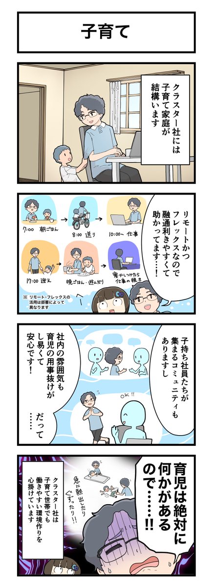 cluster_corp's tweet photo. リモート&amp;フレックスで育児しつつ働きやすい環境が出来ています 😊

【クラスター社の実録4コマ #クラスター社の日常 】 https://t.co/ieuDsaifMg
