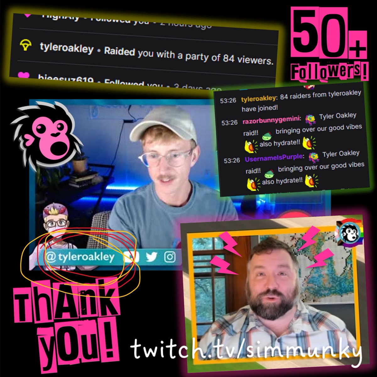 simmunky's tweet photo. Did I get raided for the first time ever and hit my 50 followers goal tonight? Was it by @tyleroakley ? Yes to both! Thank you to Tyler and his amazing community for all the love! #gaymer #twitch #twitchstreamer #twitchtv #simmunky #gaystreamer #beardedgay #gaybear #gaymerdaddy https://t.co/OetPwQnxHN