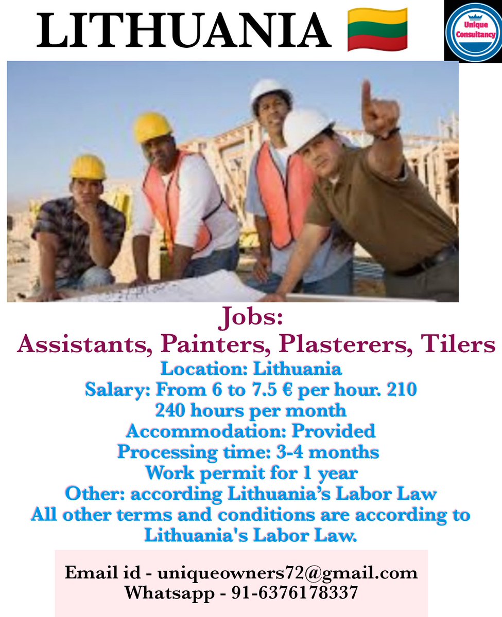 UniqueImmigrat1's tweet photo. @UniqueImmigrat1 
Skilled workers for LITHUANIA !

APPLY NOW !

#workabroad #abroadjobs #jobabroad #overseas #trending #migrate #people #picoftheday #india #Lithuania #tweet #uniqueimmigrat1 #apply https://t.co/L6JKhmno6B