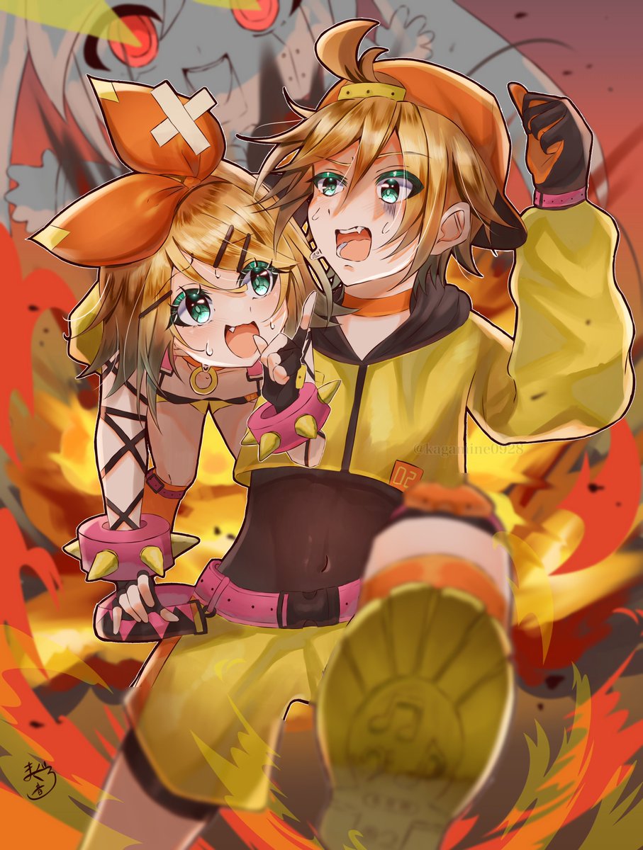 鏡音レン ,鏡音リン 「鮪音!さんのリンちゃん、レンくん!ロボットが大暴走!?焦って逃げる2人がコミカル」|piapro(ピアプロ)のイラスト