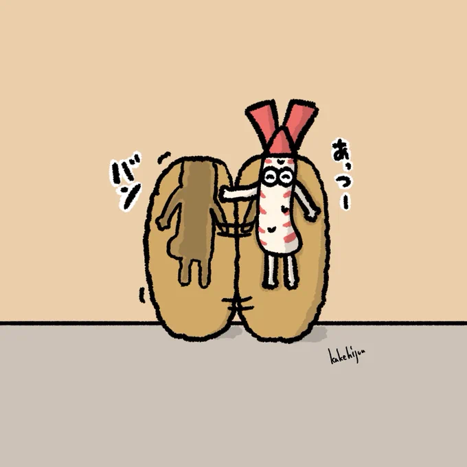こちらは東海圏絵描き選抜展ということで #土筆荘 のために新規で描いたイラスト達です「見栄を張るエビフライ」「恥ずかしがり屋の天むす」「着地に失敗した小倉トーストのバター」 