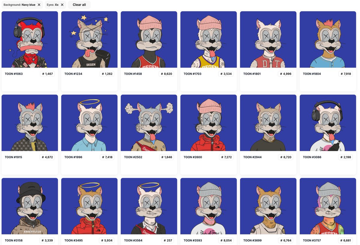 0xburningthru's tweet photo. There’s 56 @DegenToonz with XX eyes and Navy Blue Backgrounds in the collection but there’s 0 listed. 👀

🧨🧨🧨 https://t.co/kH10BULbr5