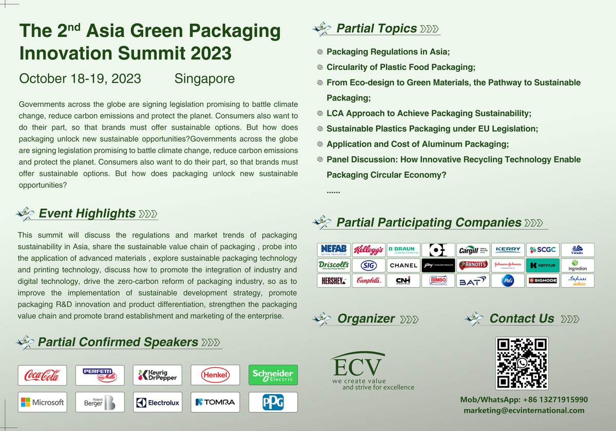 Upcoming，The 2nd Asia Green Packaging Innovation Summit 2023 (held online and offline simultaneously)

Register now and join us：ecvinternational.com/AsiaGreenPacka…

#greenpackaging #packaging #foodandbeverage #homeappliances #agriculture #Cosmetics #paperpackaging #plasticpackaging