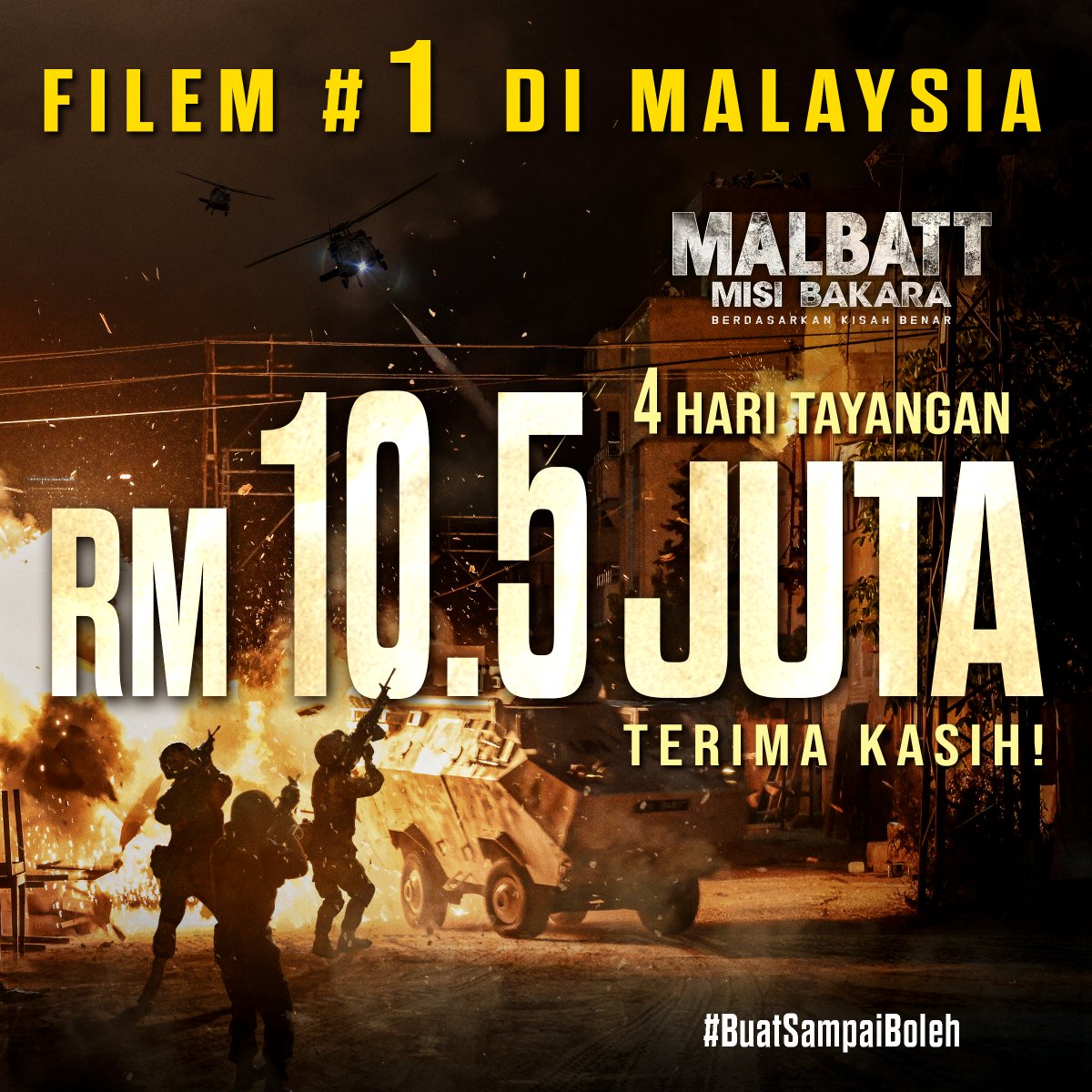 Alhamdulillah #MALBATTMisiBakara kini filem no 1 di pawagam! Terima kasih atas sokongan anda 🫡

#BuatSampaiBoleh 

<a href="/act2pictures/">ACT 2 PICTURES</a> <a href="/AdrianTeh19/">Adrian Teh</a> <a href="/Bront_Palarae/">Bront Palarae</a> <a href="/adlinamanramlie/">AdlinAmanRamlie</a> <a href="/tonyeusoff/">tony eusoff</a> <a href="/Shaheizy_Sam/">Shaheizy Sam Samad</a> <a href="/hairulazreen/">Hairul Azreen</a> <a href="/IkhramJuhari/">Ikhram Juhari</a> <a href="/safwannazri/">Safwan Nazri</a> <a href="/SyazwanZulkifly/">Kpenq</a> <a href="/dafiismailsabri/">#D4F1</a>