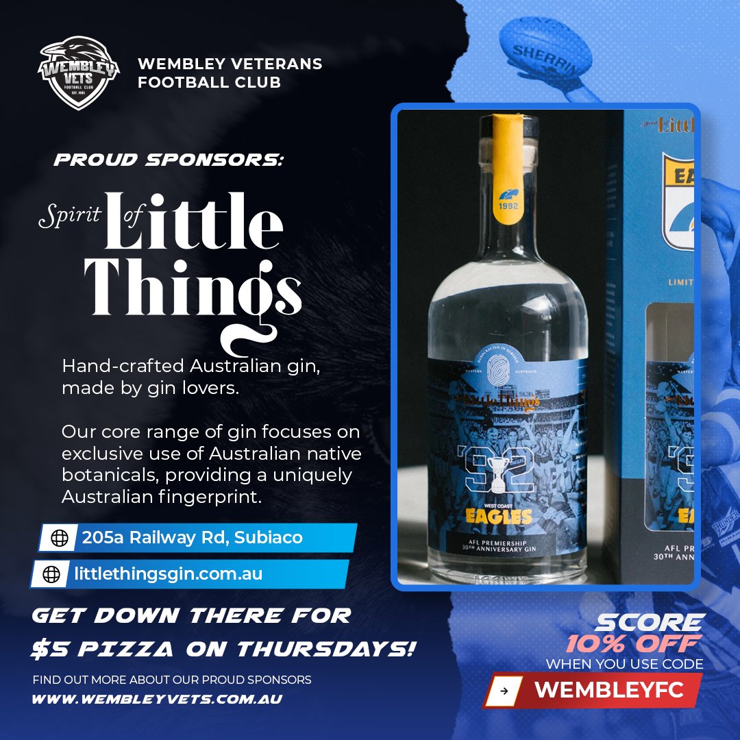 Get behind our great sponsor Spirit of Little Things Gin!
They're offering 10% off using our exclusive code (nab the WCE 1992 Premiership 30th Anniversary Gin to drown out 2023) or just hop on down on Thursday nights for $5 pizza!
#afl #aflmasters #AFLMastersWA
