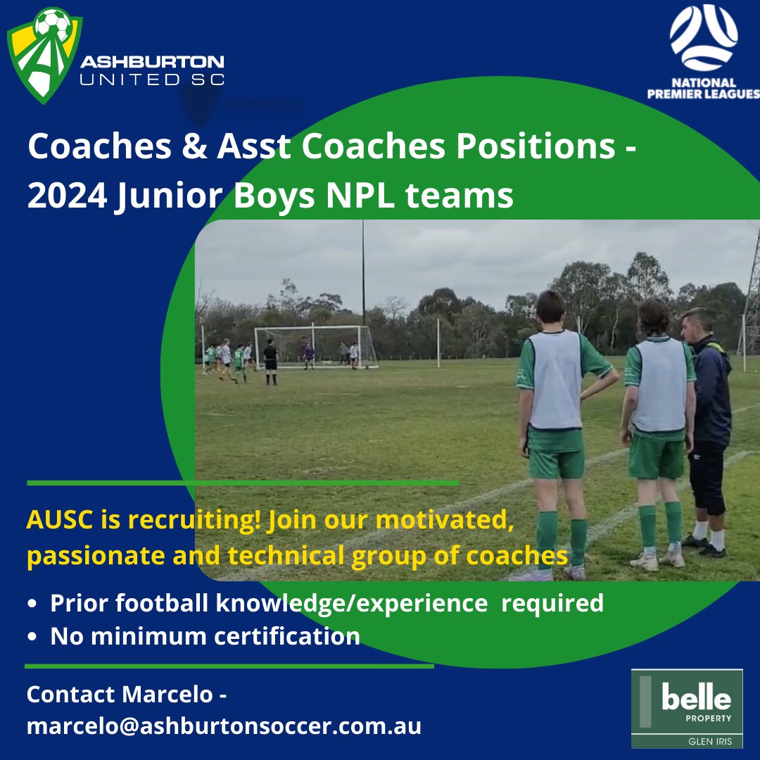 AUSC is looking for interested coaches &amp; assistant coaches for our 2024
JBNPL teams! Trials to start in early Oct!

Contact: marcelo@ashburtonsoccer.com.au

Visit ashburtonsoccer.com.au/find-a-team/ for more info on our JBNPL program and ashburtonsoccer.com.au/get-involved/ for info on Coaches/Team Mgrs