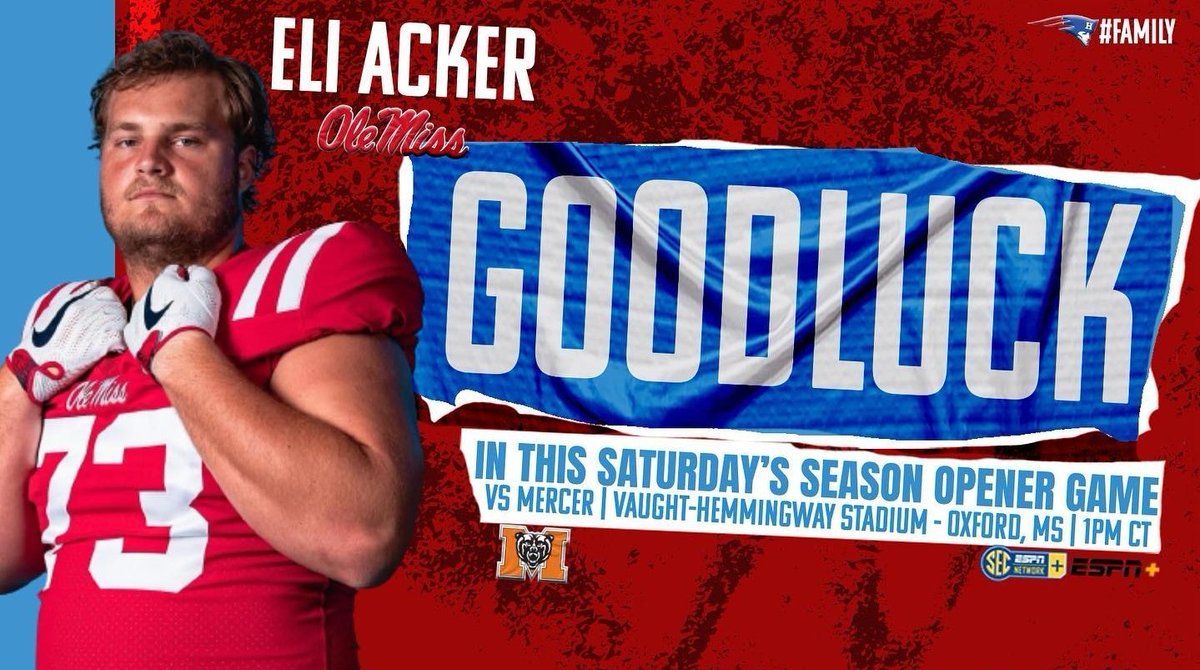 Heritage Academy Football (@hapats_fb) on Twitter photo Good luck to Eli Acker (<a href="/AckerEli/">Eli Acker</a>) (<a href="/HAPatriots/">Heritage Academy</a>’20) in this Saturday’s <a href="/OleMissFB/">Ole Miss Football</a> Home/Season Opener vs <a href="/MercerFootball/">Mercer Football</a> at 1PM! You can watch LIVE on SECN+/ESPN+ ! #family♥️💙🏈 #hottytoddy Good luck to Eli Acker (<a href="/AckerEli/">Eli Acker</a>) (<a href="/HAPatriots/">Heritage Academy</a>’20) in this Saturday’s <a href="/OleMissFB/">Ole Miss Football</a> Home/Season Opener vs <a href="/MercerFootball/">Mercer Football</a> at 1PM! You can watch LIVE on SECN+/ESPN+ ! #family♥️💙🏈 #hottytoddy