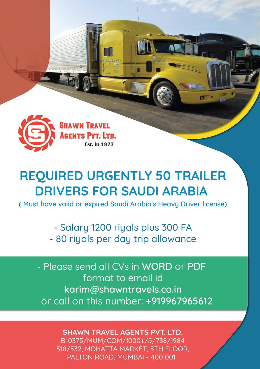 Looking for Trailer Driver with Saudi License (Heavy License) valid or expired
#trailerdrivers #SaudiArabia #Saudijobs #jobsinsaudi