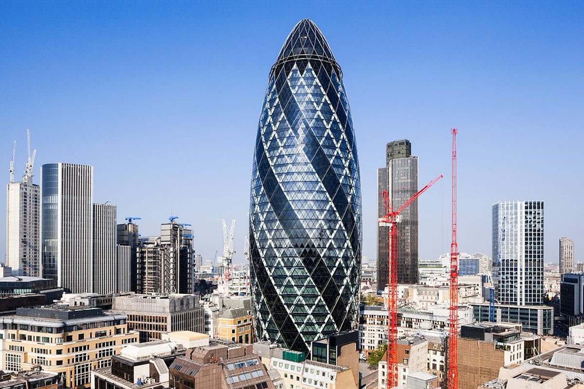 Aunicornglass's tweet photo. The Gherkin,formally 30 St Mary Axe and previously known as the Swiss Re Building, is a commercial skyscraper in London's primary financial district,London. It was completed in December 2003 and opened in April 2004.With 41 floors, it is 180 metres (591 ft) tall.#Aunicornglass https://t.co/IQ3FTKuUgI
