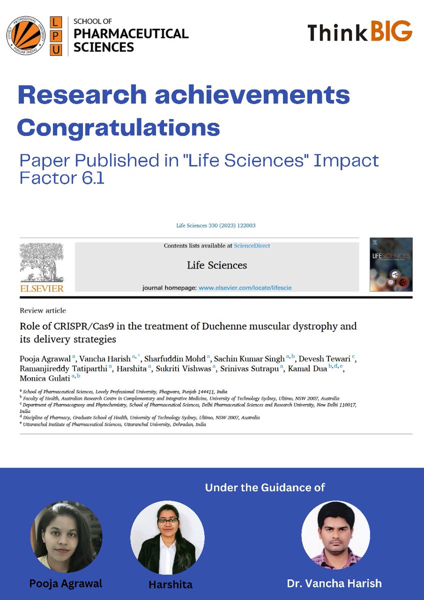 School of Pharmaceutical Sciences, LPU congratulates Miss. Pooja Agrawal and her mentor Dr. Vancha Harish on publication of paper in ''Life Sciences" with IF 6.1. #lpupharmacy #LPUPharmacy #research #science #success #school #team #education #innovation #pharmaceutical #share
