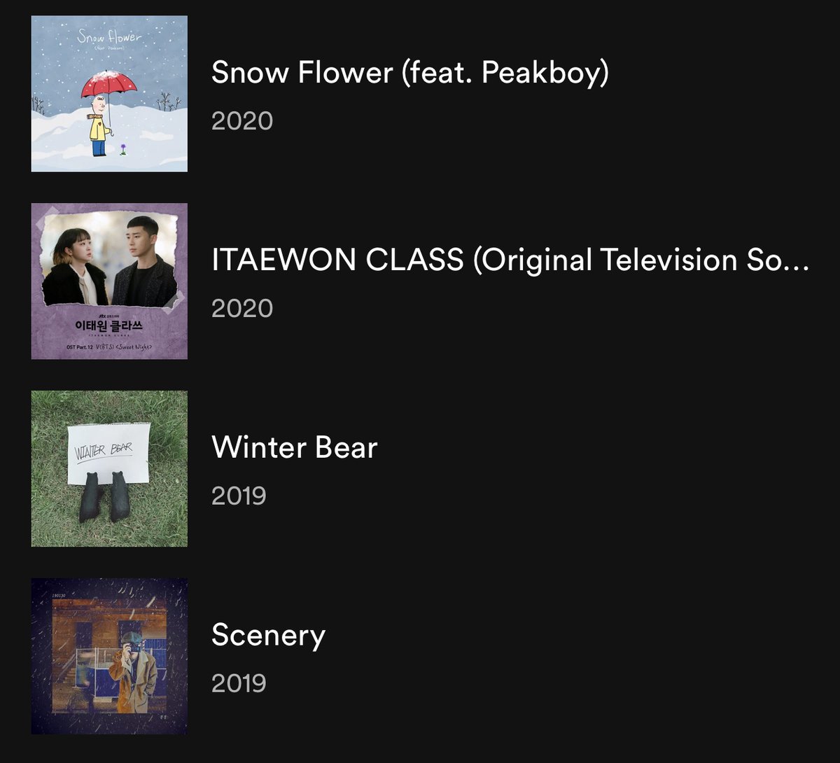 V's "Snow Flower", "Winter Bear", and "Scenery" are now available on Spotify and other streaming platforms!

🔗Snow Flower: open.spotify.com/track/34IGOyXR…
🔗Winter Bear: open.spotify.com/track/74ewFAgD…
🔗Scenery: open.spotify.com/track/1UHkDovE…