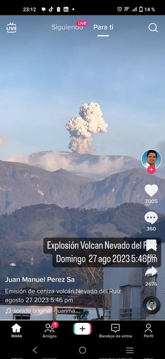 fmontejo's tweet image. Por qué no hay desarrollo de esta noticia sobre la erupción de hoy 27 agosto del volcán nevado del Ruiz?