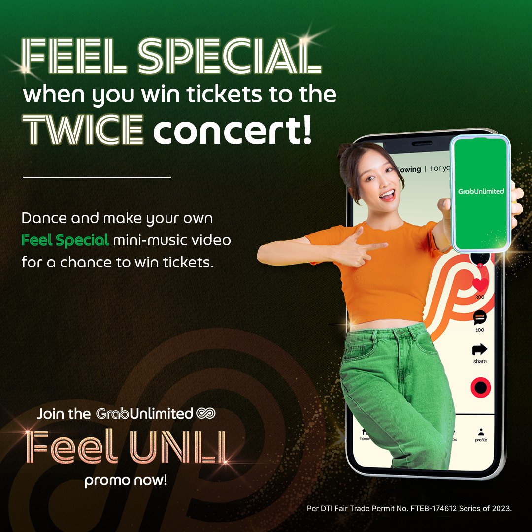 grabph's tweet photo. We’ll make you FEEL SPECIAL when you join our Take TWICE! GrabUnlimited MV challenge! Get the chance to WIN tickets to the TWICE 5TH WORLD TOUR ‘READY TO BE’ IN BULACAN, live at the Philippine Arena. 🤩 https://t.co/0sakYAfsdT