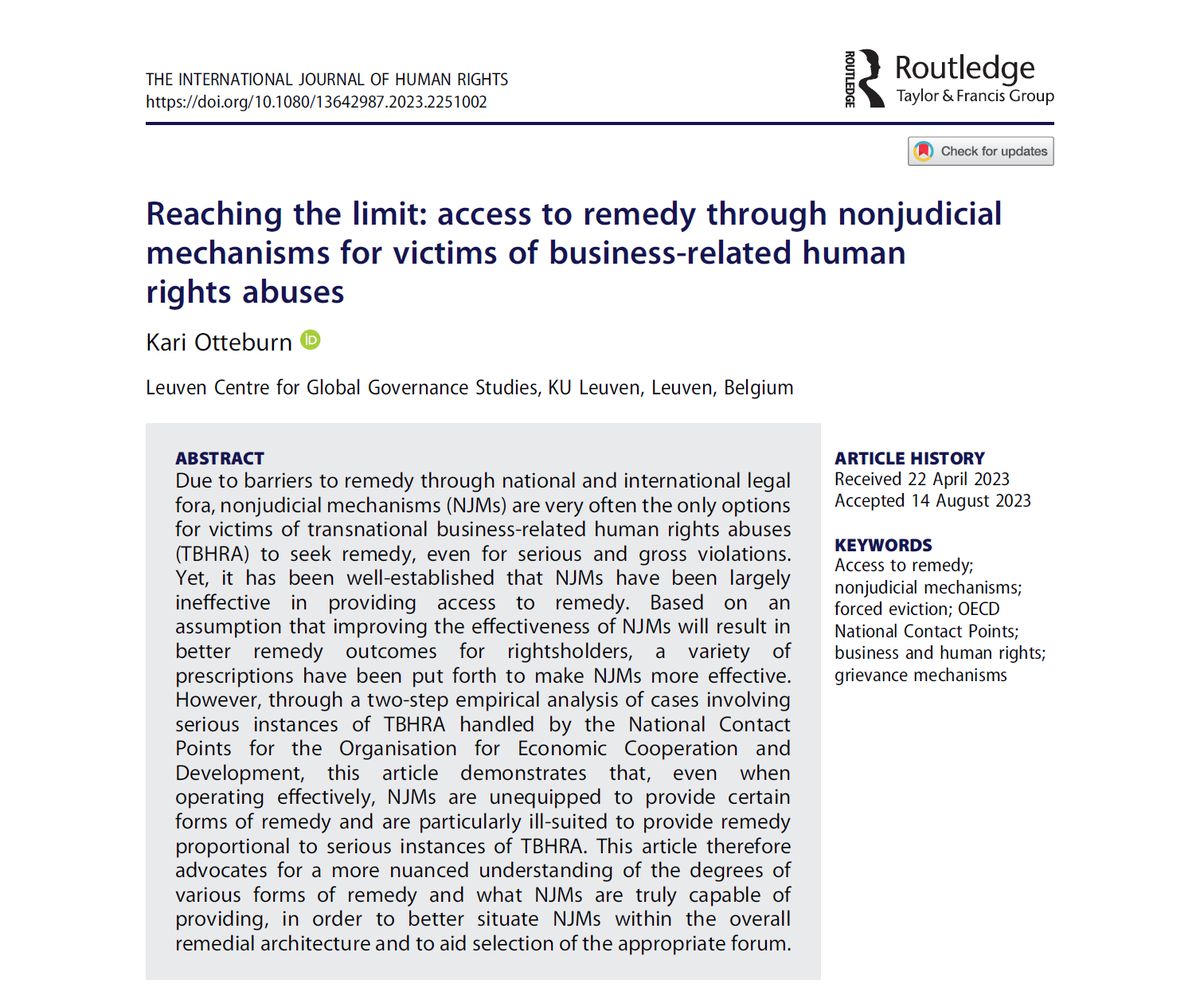 My latest article 'Reaching the limit: access to remedy through nonjudicial mechanisms for victims of business-related human rights abuses' is out now in the International Journal of Human Rights. #bizhumanrights #humanrights #OECD #NCPs #forcedeviction #remedy