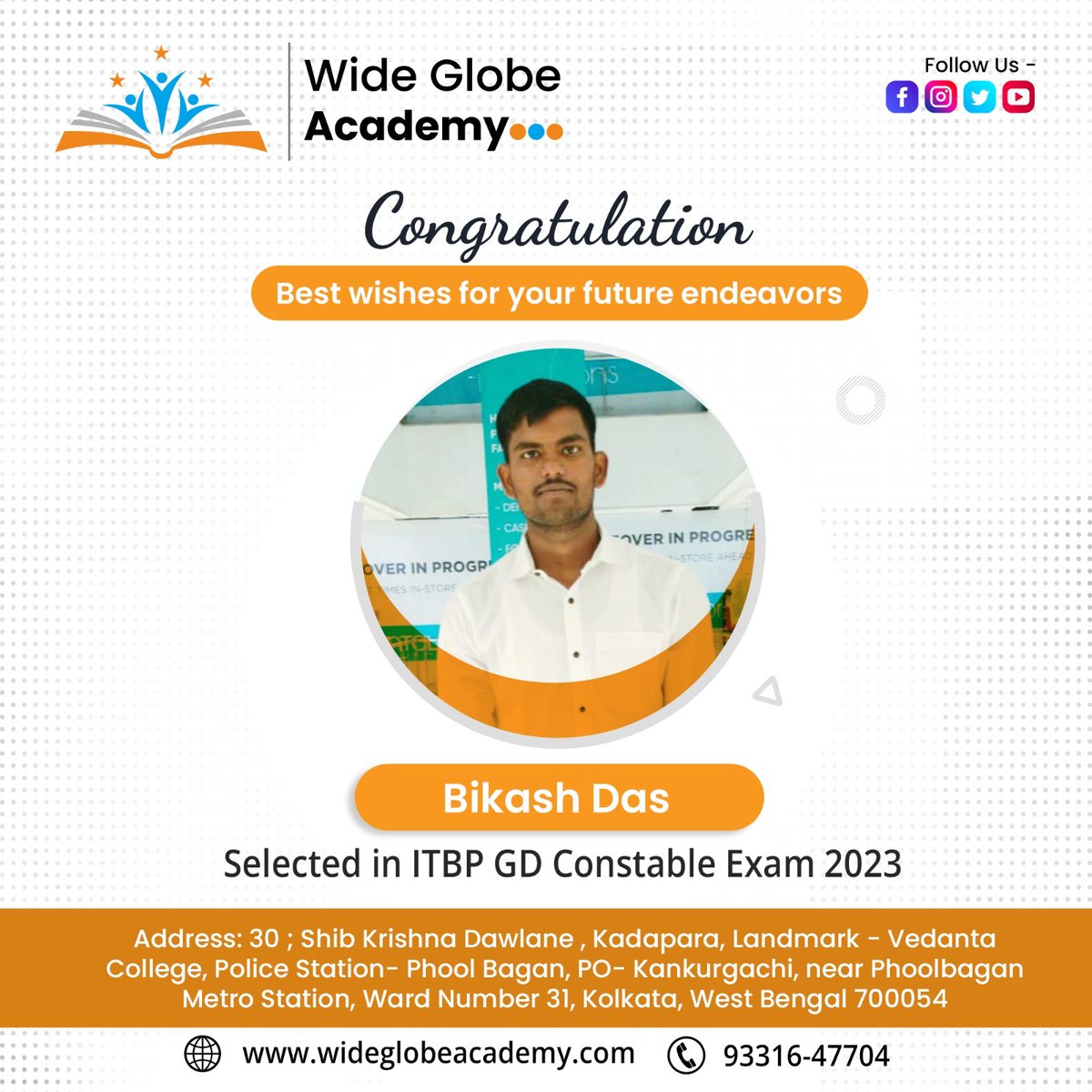 wglobeacademy's tweet image. 🎉🎉 Congratulations to Bikash Das for being selected as a #GDConstable in ITBP. #WideGlobeAcademy is honored to have you as one of our students and we wish you a bright and successful career in the #ITBP. Thank you for making us proud and inspiring others to pursue their dreams.