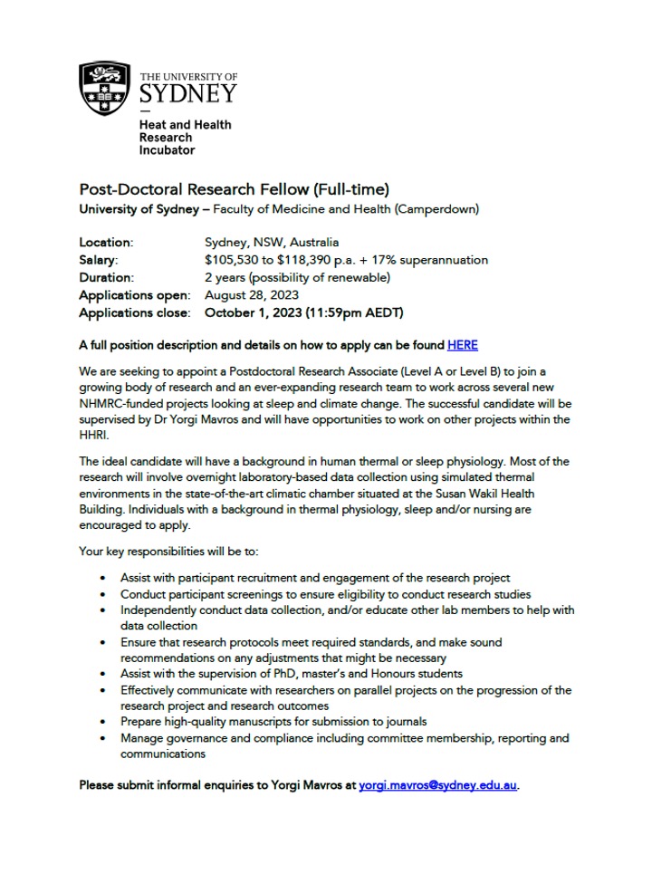 Our team at the Heat and Health Research Incubator is expanding! <a href="/DrYorgiMavros/">Yorgi Mavros</a> has an <a href="/nhmrc/">NHMRC</a> funded Post-doc position looking at the use of an electric fan to improve sleep quality in hot overnight environments. 
Apply here: bit.ly/3szHIfQ by 1/10/23
