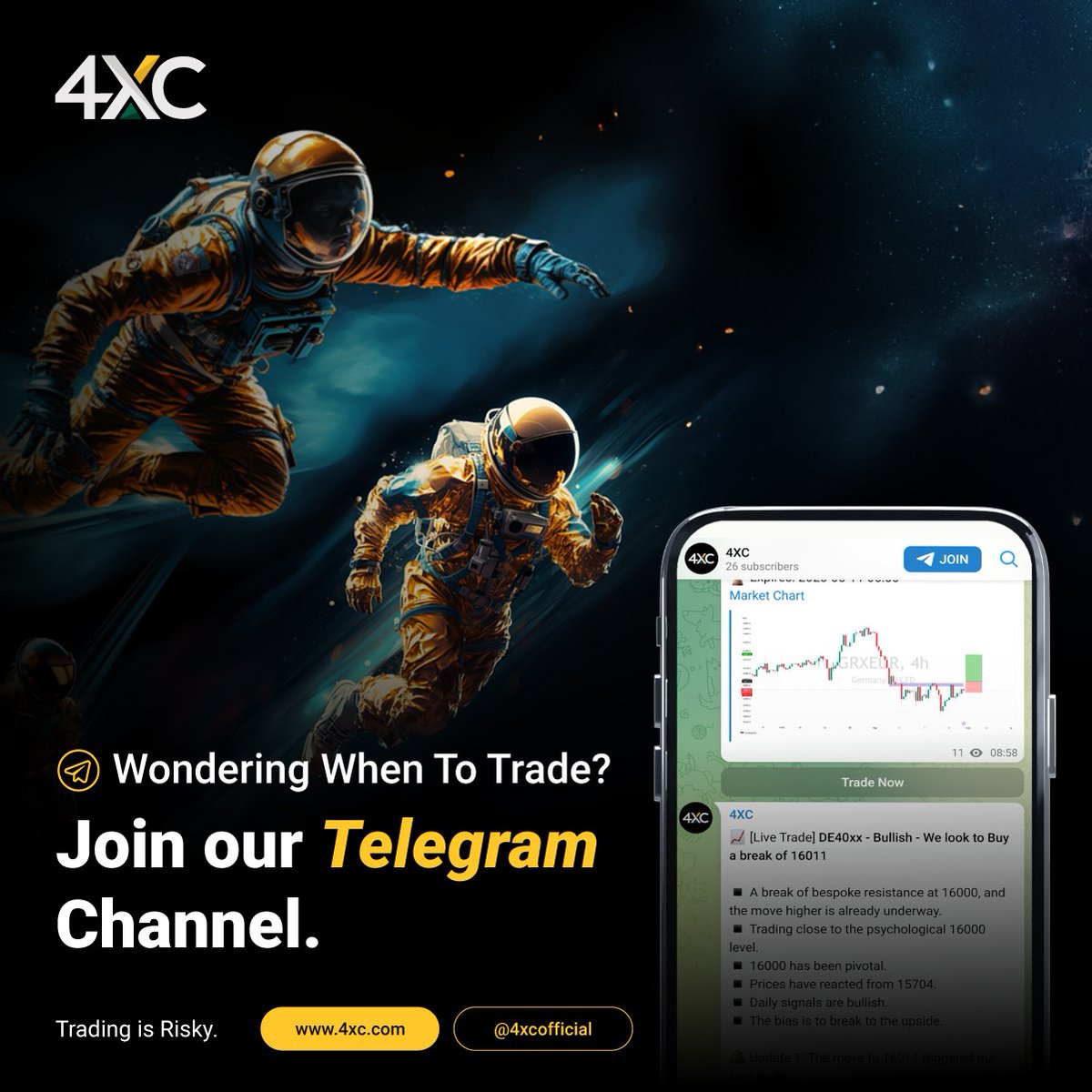 Wondering When To Trade?
Join our Telegram Channel💪📲

*Trading Is Risky.
#4XC #TelegramChannel #FinanceGurus #TradingTips #InvestmentInsights #JoinUsNow #FinancialFreedom #MarketUpdates