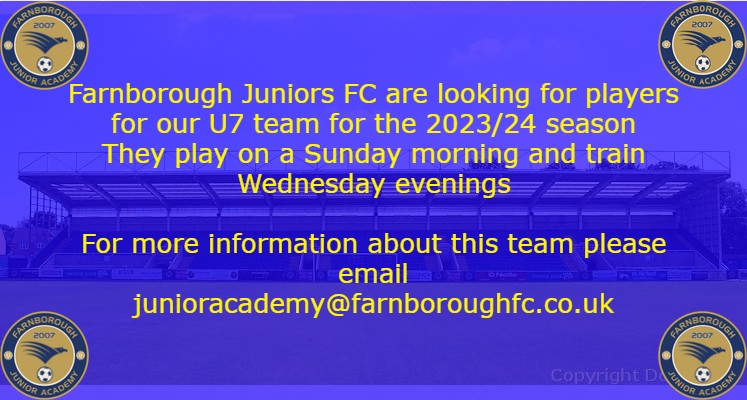 FarnboroughJA's tweet photo. Our U7's are looking for new players for the 2023/24 season
if you require any information either pm us or email junioracademy@farnboroughfc.co.uk https://t.co/S7S05vqPRj
