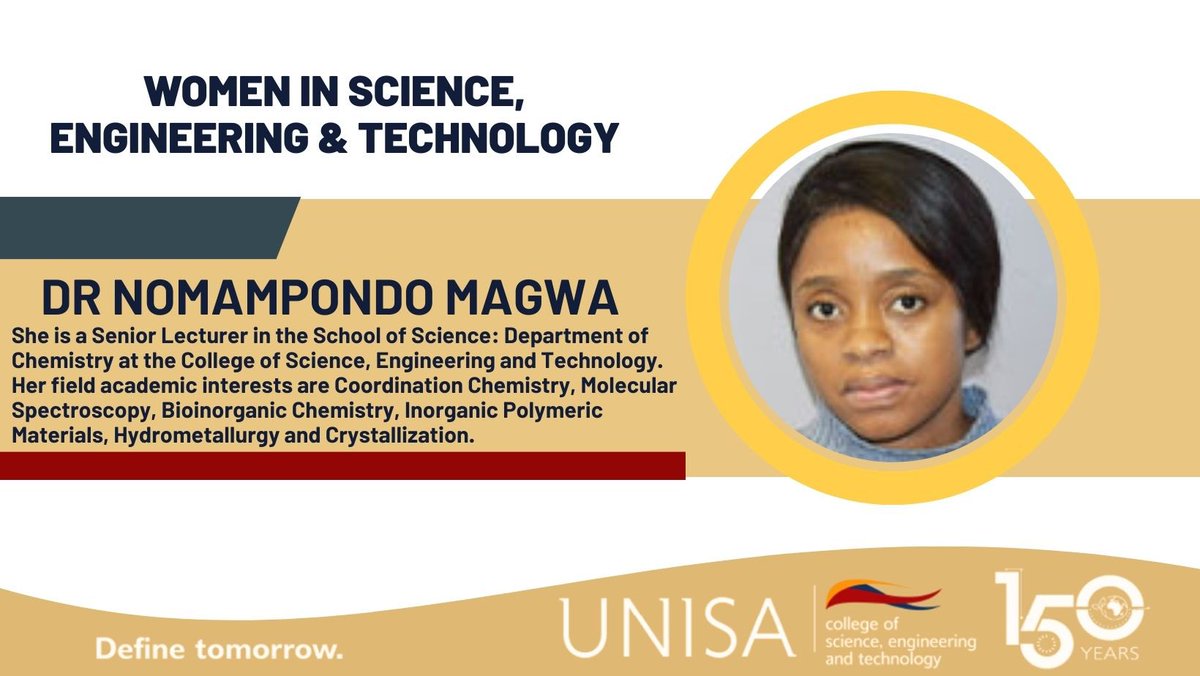 UnisaCSET's tweet photo. [CSET WOMEN'S MONTH CELEBRATION] We shine the spotlight on Dr Nomampondo Magwa this woman’s month for her remarkable contributions within the Chemistry Department in the College of Science, Engineering & Technology. 
#WomanInScienceEngineeringAndTech
#WomansMonth 
#CSET #UnisaCelebrates150Years