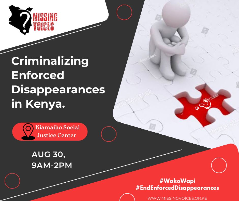 On Wednesday, August 30, we will join <a href="/MissingVoicesKE/">MissingVoicesKE</a> coalition in marking the International Day of the Victims of Enforced Disappearances at New Mathare Nursery School in Kiamaiko. We will be calling for the criminalization of enforced disappearances in Kenya.<a href="/OHCHRKENYA/">OHCHR KENYA COUNTRY OFFICE</a>