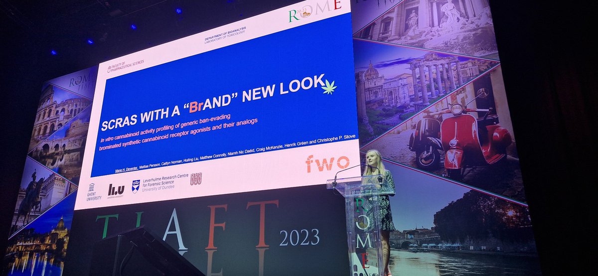 <a href="/Marie_Deventer/">Marie Deventer 🦋</a> on stage at #TIAFT2023, giving a great presentation on "SCRAs with a “Brand” new look: cannabinoid activity profiling of generic ban-evading brominated synthetic cannabinoid receptor agonists and their analogs".
(📄📄 under revision- stay tuned 🙂)
#proudpromotor